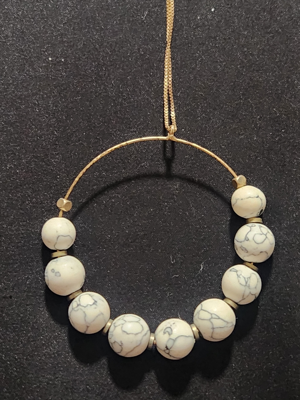 Gold Tone Beaded Hoop Statement Necklace White Marbled Stone Boho Chic